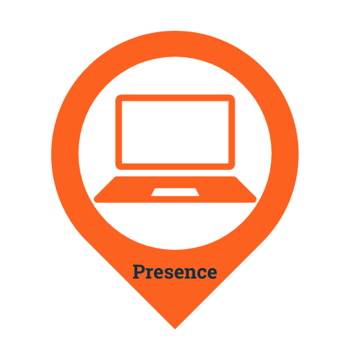 A laptop with the word "presence" underneath the image